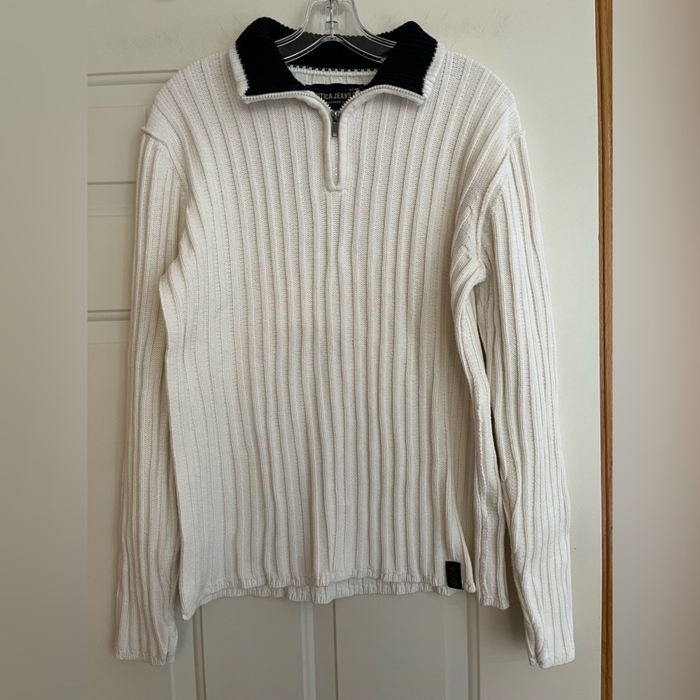 Men’s Nautica ivory and blue cable quarter zip cotton Nantucket sweater. large